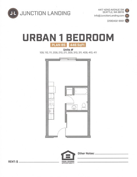 Floor plan for 1 bed, 1 bath, 446 sqft